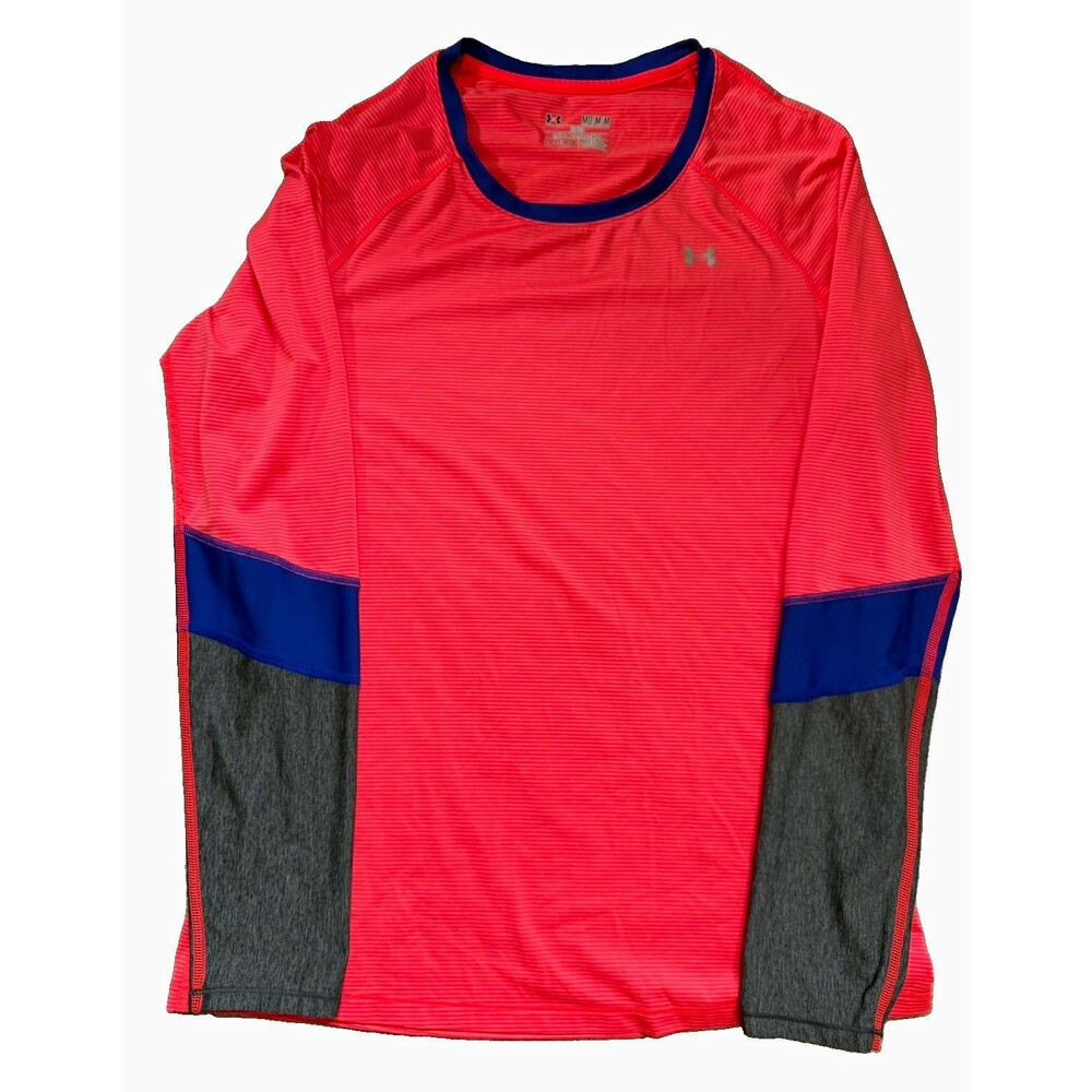 Under Armour Womens HeatGear Long Sleeve Shirt Size M Coral Blue Gray Stripe